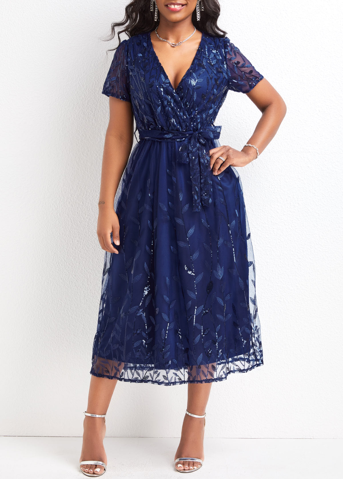 Blue dresses,Plain Color dresses,Mesh Blue Belted V Neck Short Sleeve Dress