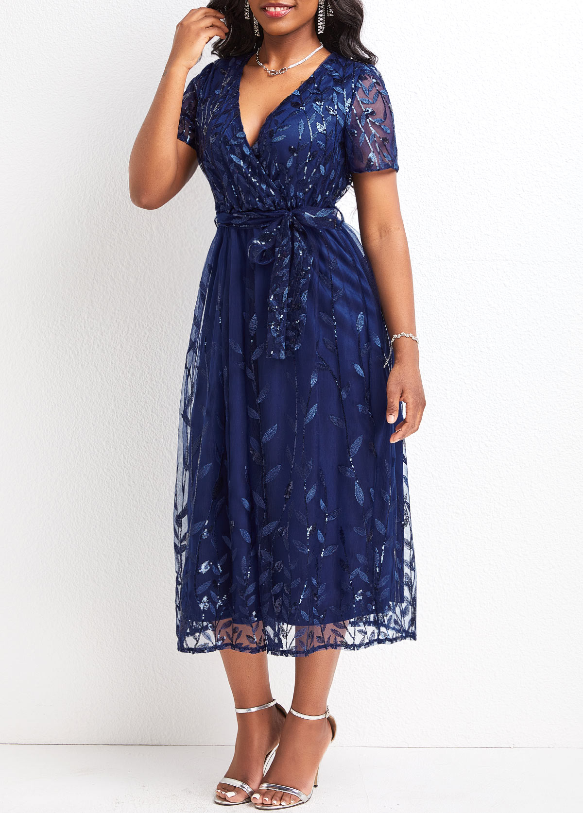 Blue dresses,Plain Color dresses,Mesh Blue Belted V Neck Short Sleeve Dress