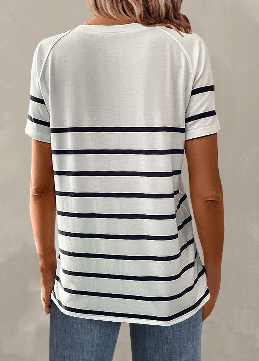 White tops,Striped tops,Geometric tops,ROTITA Button Striped White Round Neck T Shirt