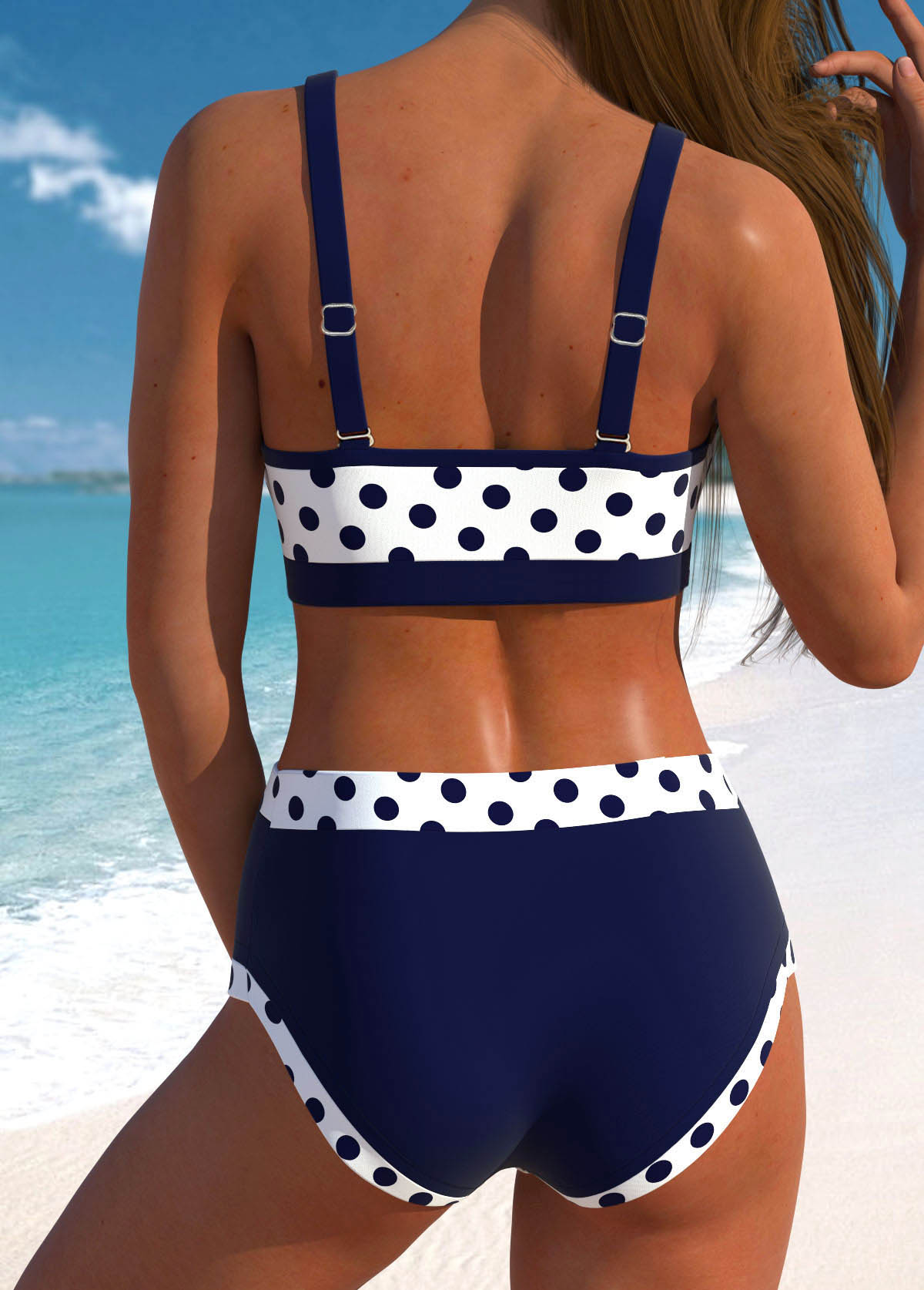 Navy swimwear,White swimwear,Dot swimwear,ROTITA Patchwork Navy Polka Dot Bikini Top