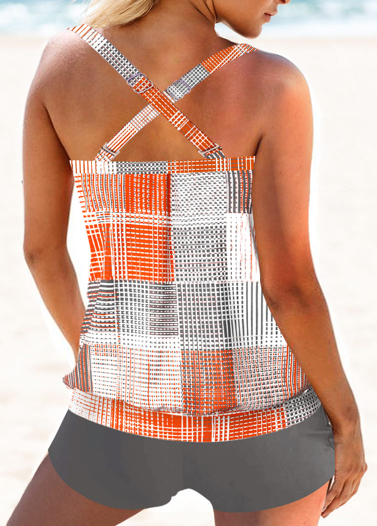 Orange swimwear,Geometric swimwear,ROTITA Criss Cross Orange Geometric Print Tankini Top
