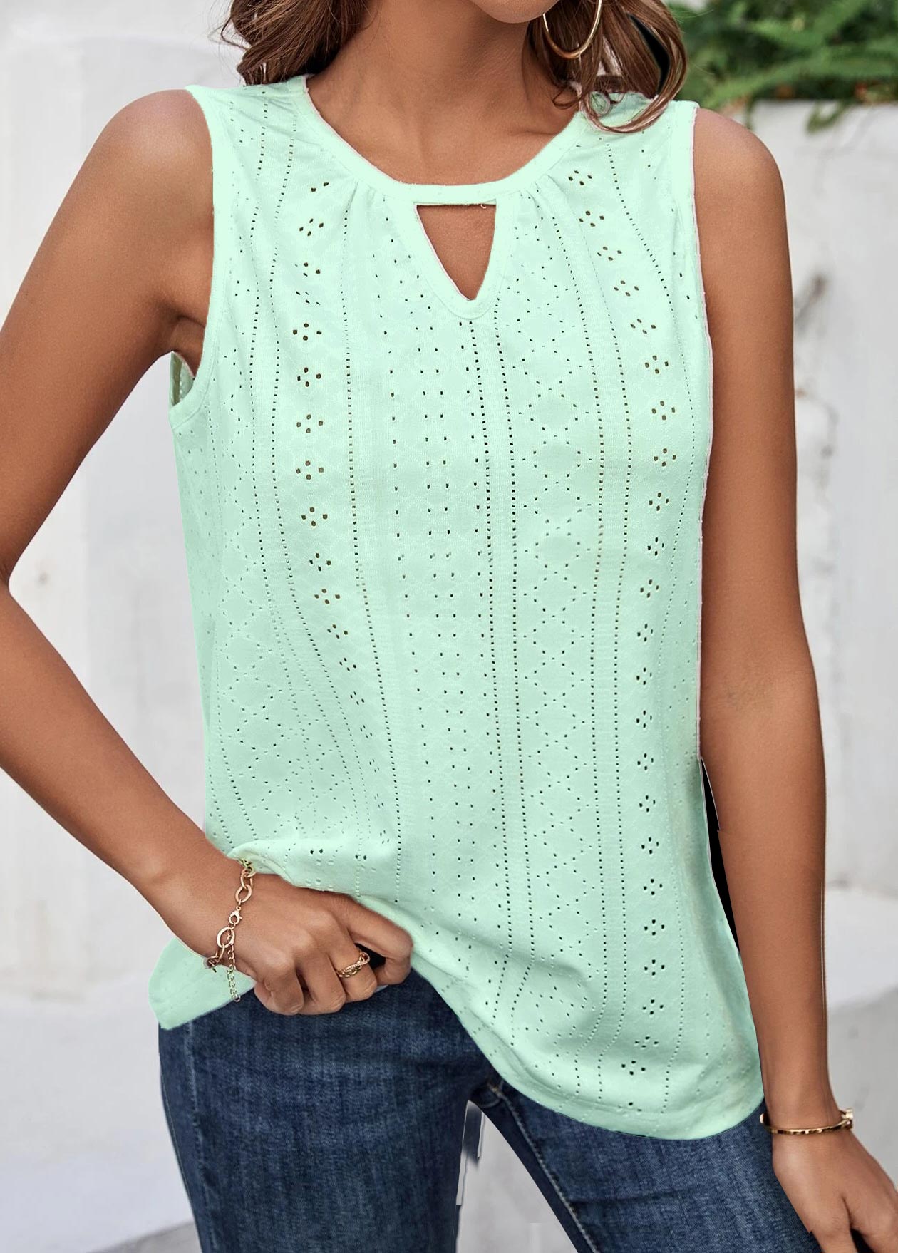 Light Green tops,Plain Color tops,ROTITA Cut Out Light Green Round Neck Tank Top