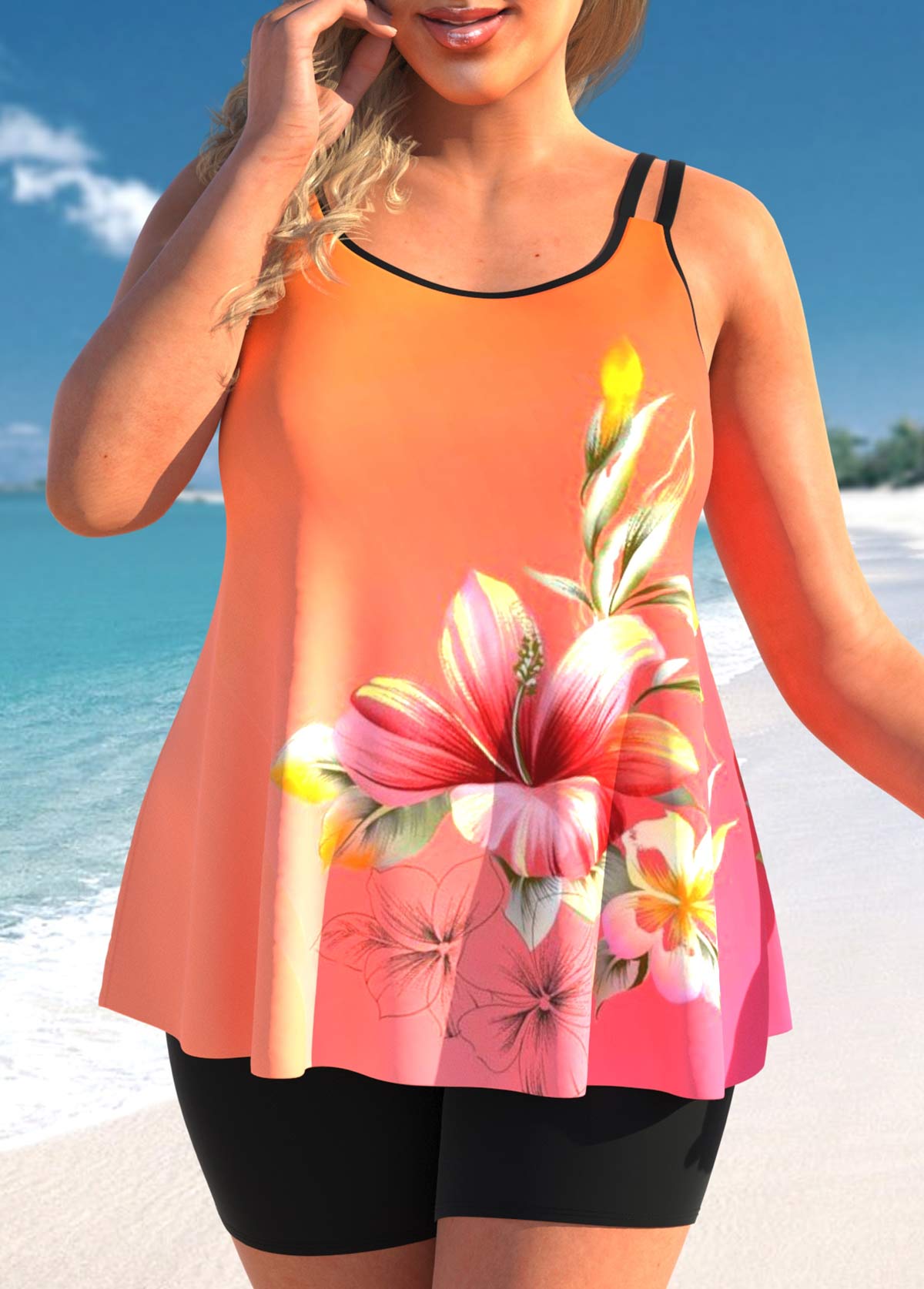 ROTITA Plus Size Floral Print Multi Color Tankini Top-No Bottom