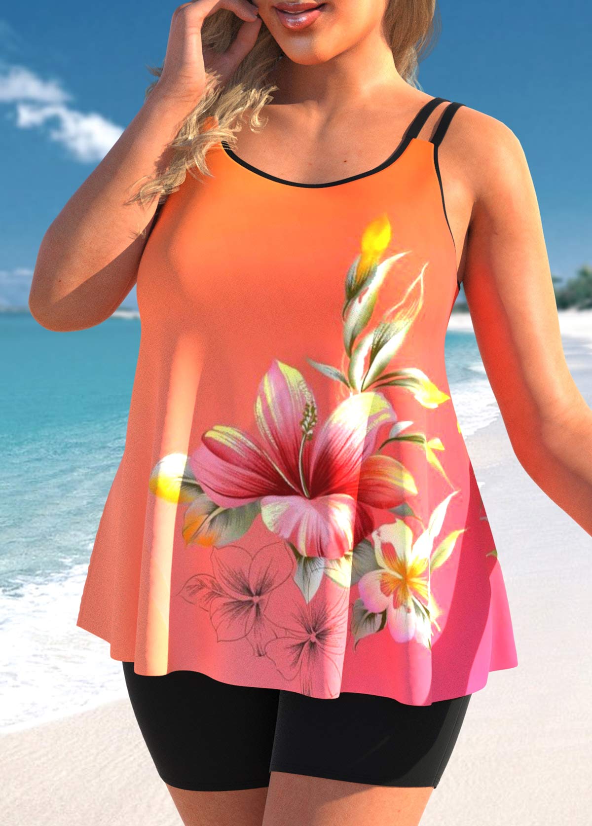 Multi Color plus size,Floral plus size,Ombre plus size,ROTITA Plus Size Floral Print Multi Color Tankini Top