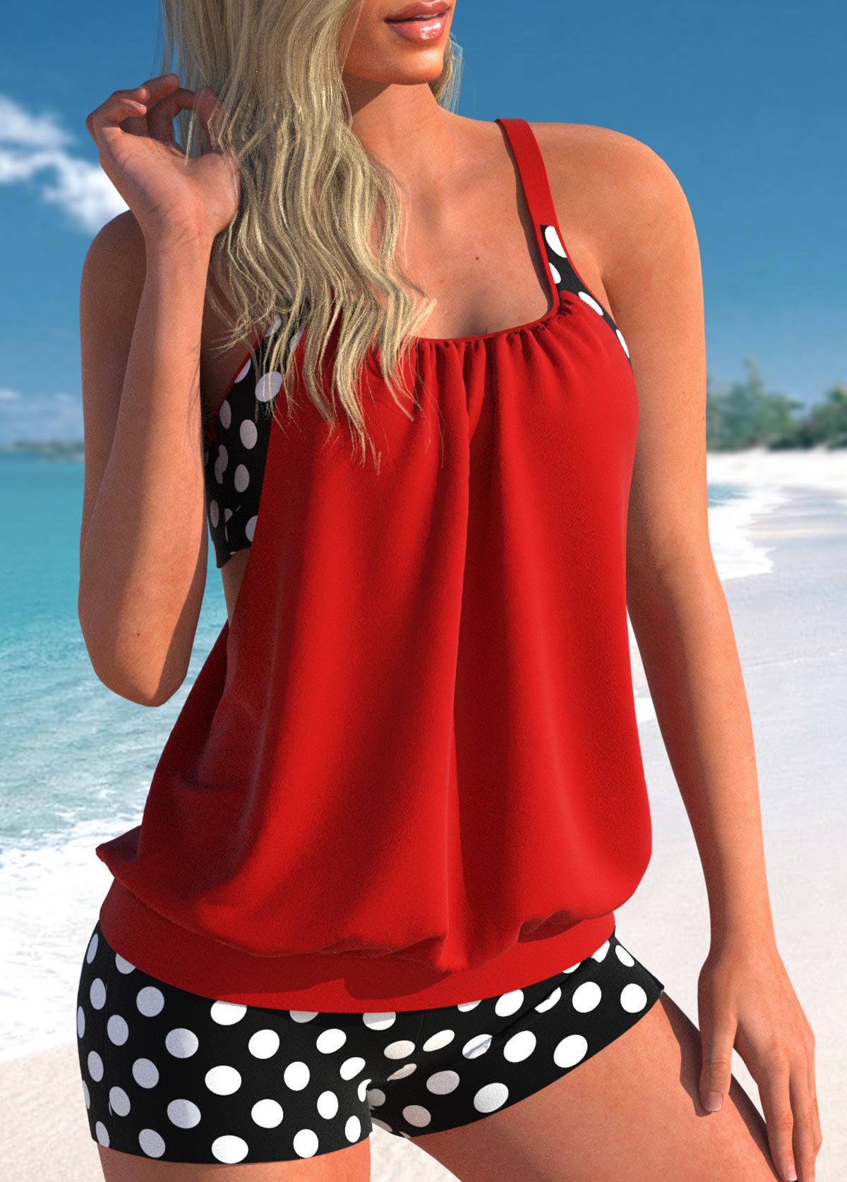 Red plus size,Dot plus size,Geometric plus size,ROTITA Plus Size Fake 2in1 Polka Dot Tankini Top