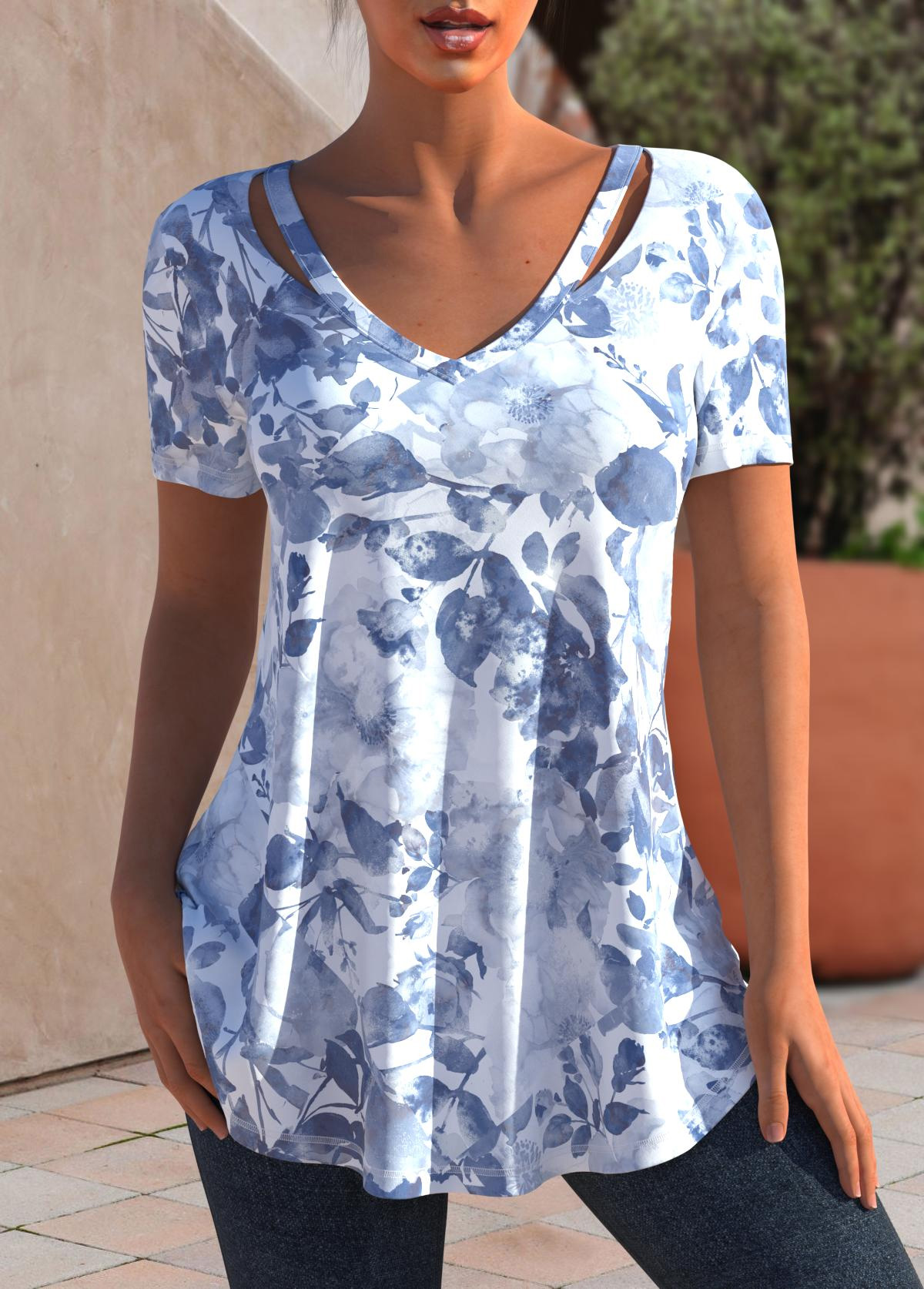 Dusty Blue tops,Floral tops,ROTITA Floral Tie Dye Print Dusty Blue Cutout T Shirt