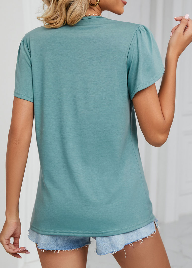 Green tops,Contrast Color tops,Patchwork Green V Neck Short Sleeve T Shirt