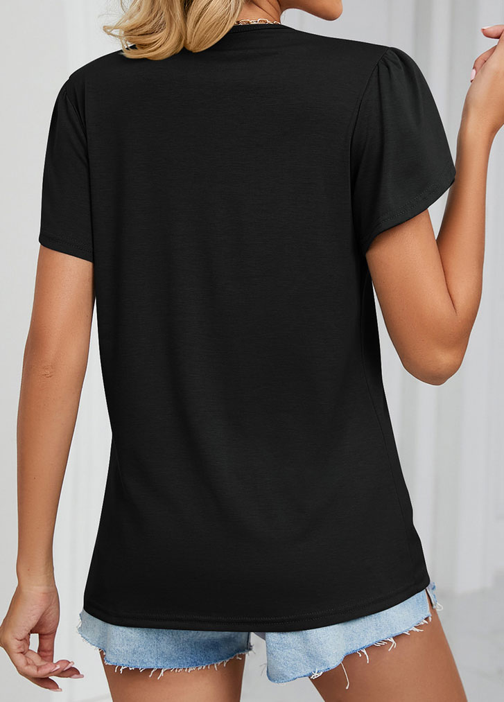 Black tops,Contrast Color tops,Patchwork Black V Neck Short Sleeve T Shirt