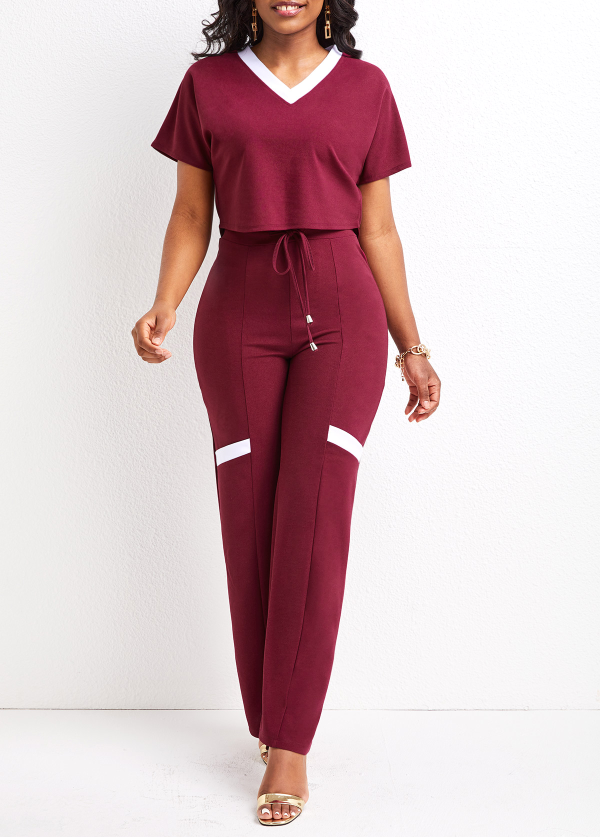 Dark Reddish Purple jumpsuits & rompers,Contrast Color jumpsuits & rompers,Tie Patchwork Dark Reddish Purple Long Top and Pants