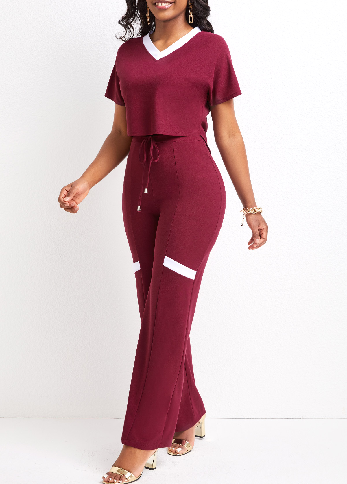 Dark Reddish Purple jumpsuits & rompers,Contrast Color jumpsuits & rompers,Tie Patchwork Dark Reddish Purple Long Top and Pants