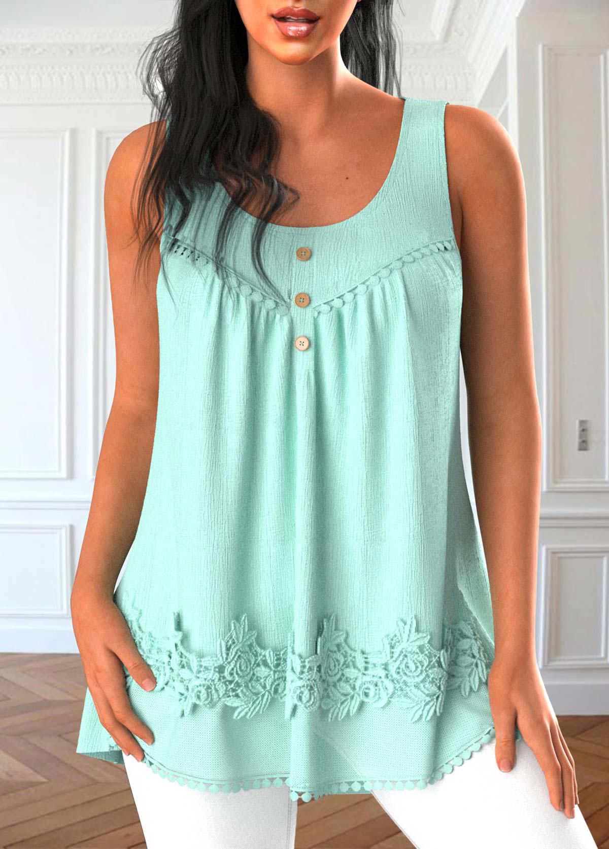 Mint Green tops,Plain Color tops,ROTITA Patchwork Mint Green Scoop Neck Tank Top