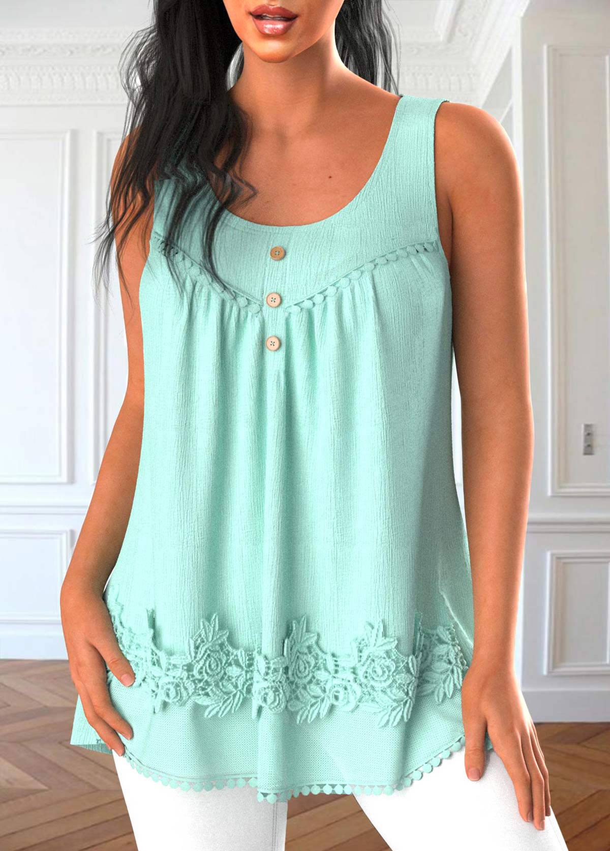 Mint Green tops,Plain Color tops,ROTITA Patchwork Mint Green Scoop Neck Tank Top