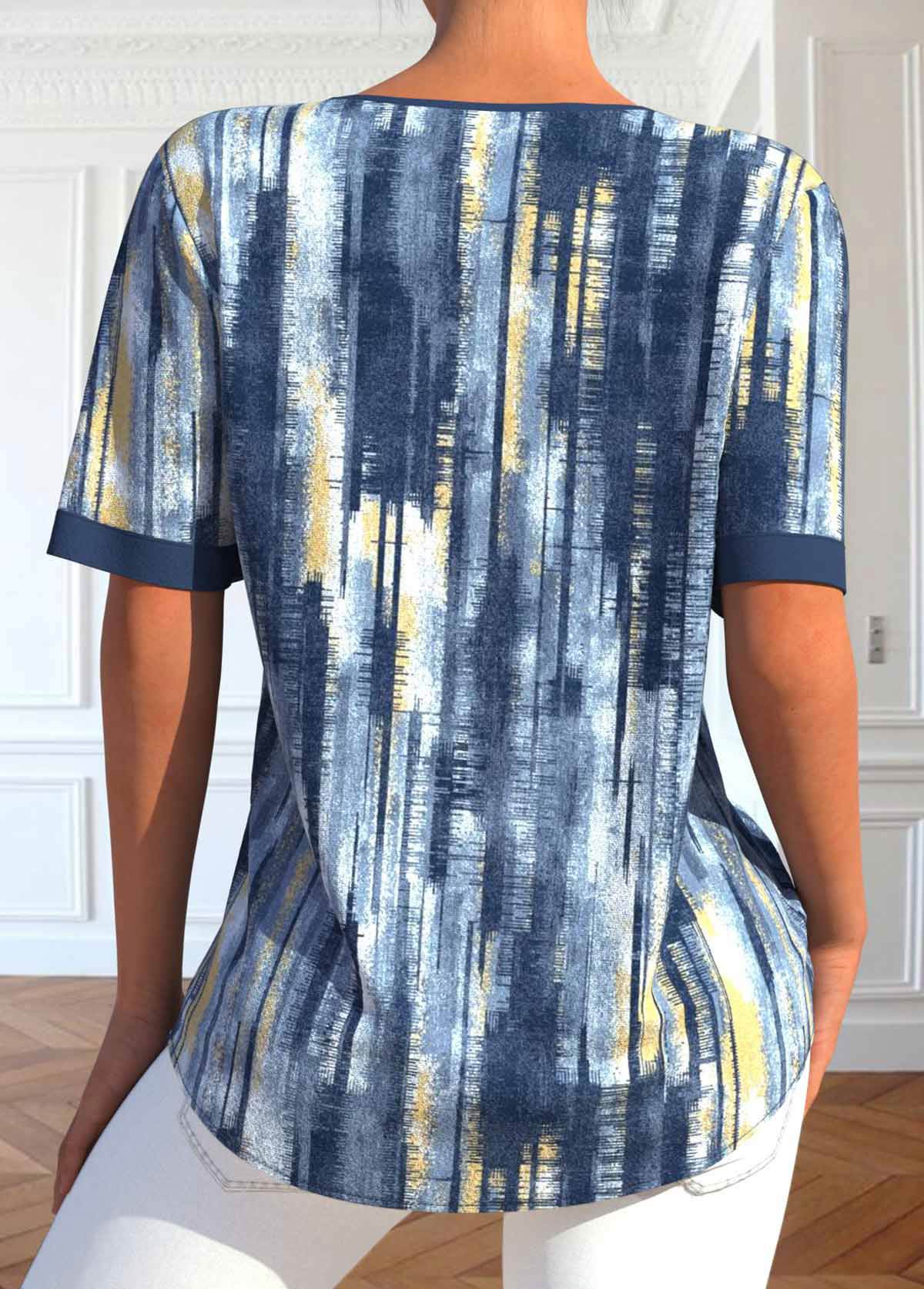 Dusty Blue tops,Ombre tops,ROTITA Button Ombre Dusty Blue Split Neck Blouse