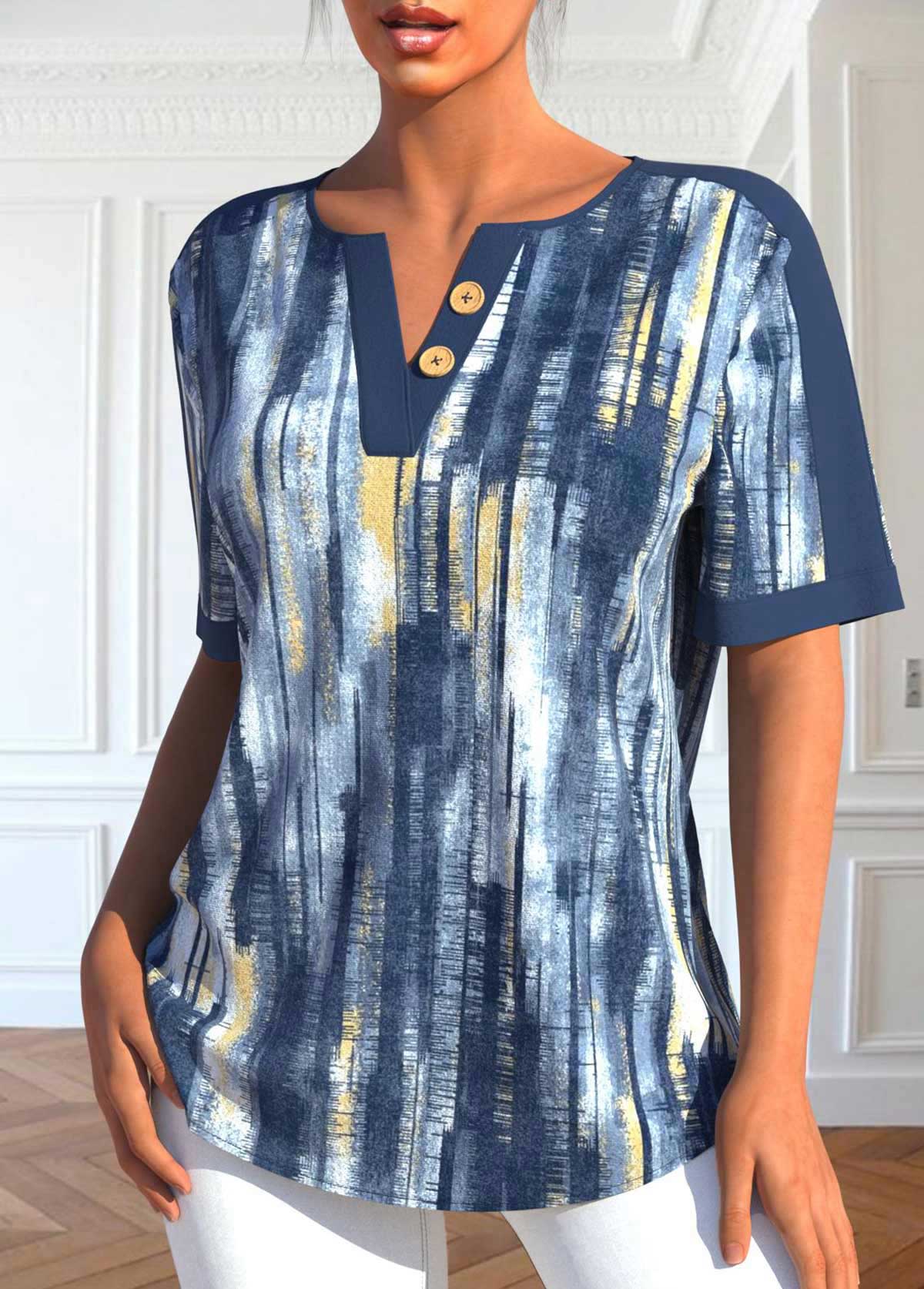 Dusty Blue tops,Ombre tops,ROTITA Button Ombre Dusty Blue Split Neck Blouse