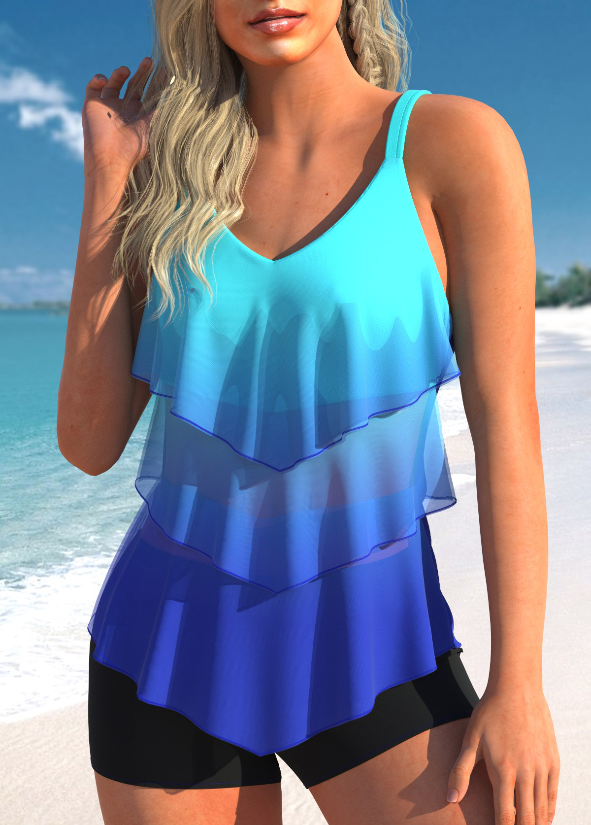 Cyan swimwear,Ombre swimwear,ROTITA Mesh Cyan Layered Hem Ombre Tankini Top
