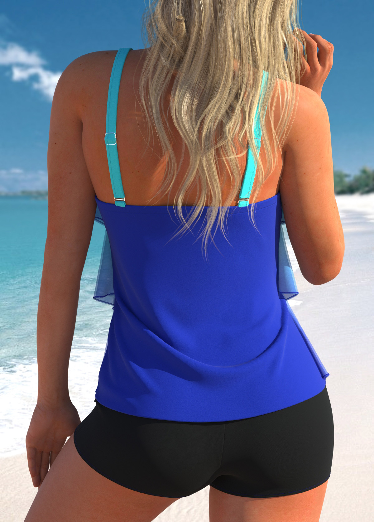 Cyan swimwear,Ombre swimwear,ROTITA Mesh Cyan Layered Hem Ombre Tankini Top