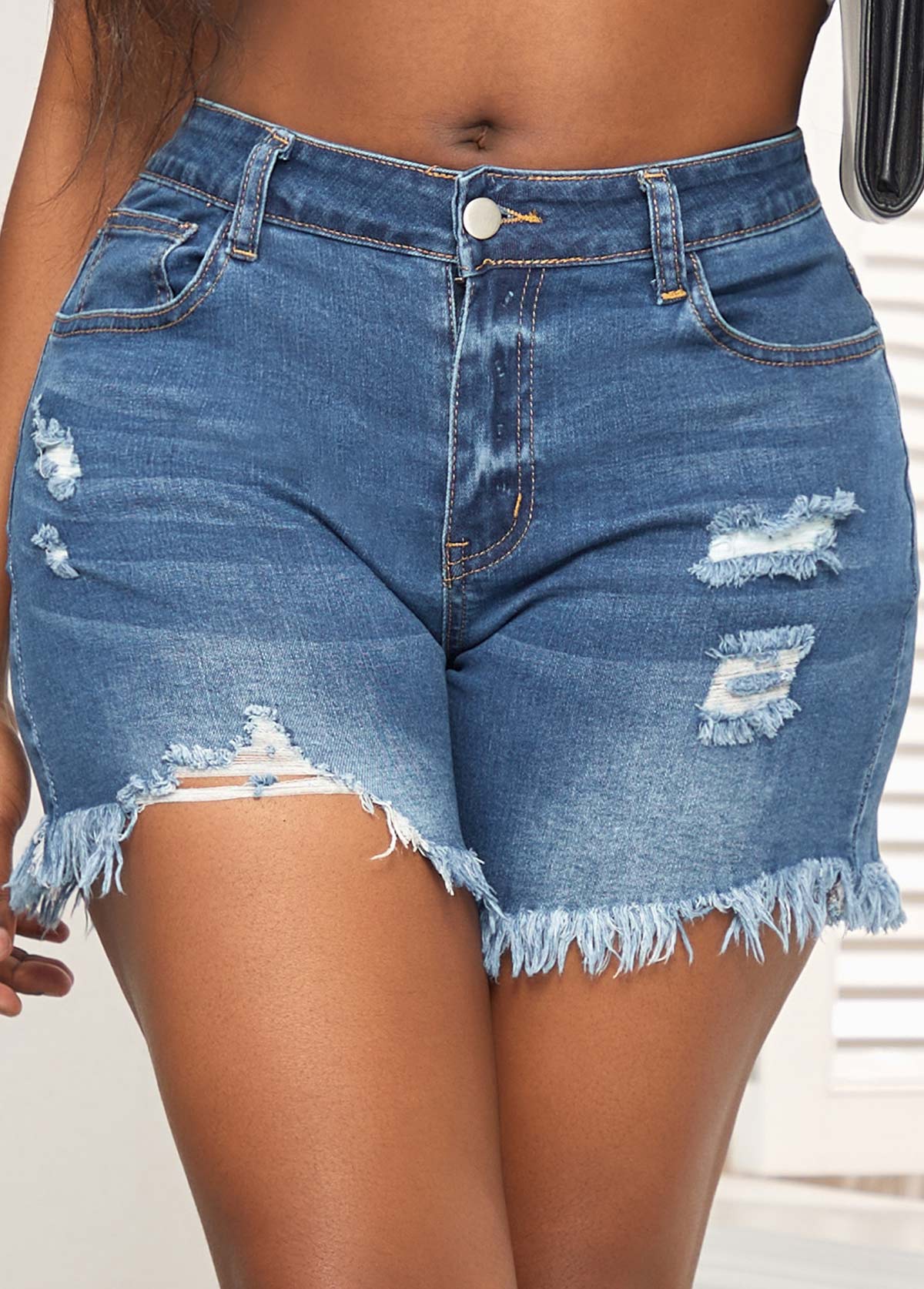 Pocket Denim Blue Skinny Zipper Fly Shorts