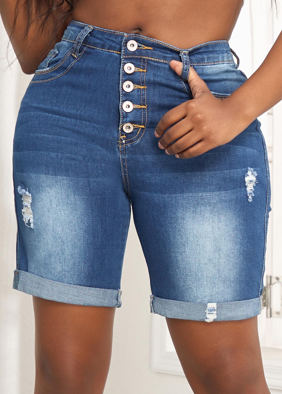Denim Blue bottoms,Plain Color bottoms,Pocket Denim Blue Skinny Button Fly Shorts