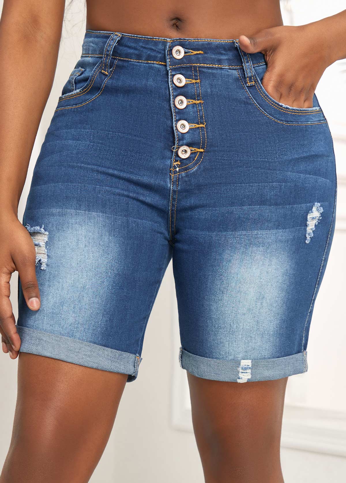 Denim Blue bottoms,Plain Color bottoms,Pocket Denim Blue Skinny Button Fly Shorts