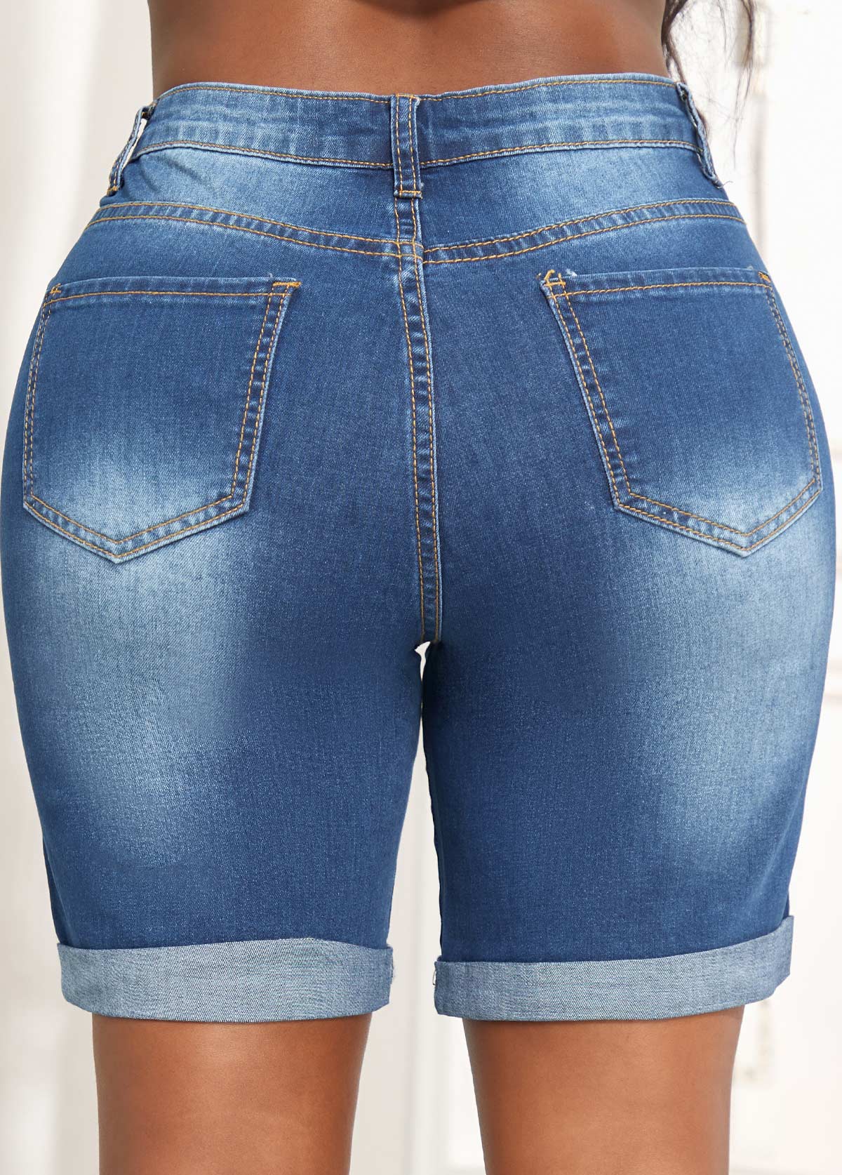 Denim Blue bottoms,Plain Color bottoms,Pocket Denim Blue Skinny Button Fly Shorts