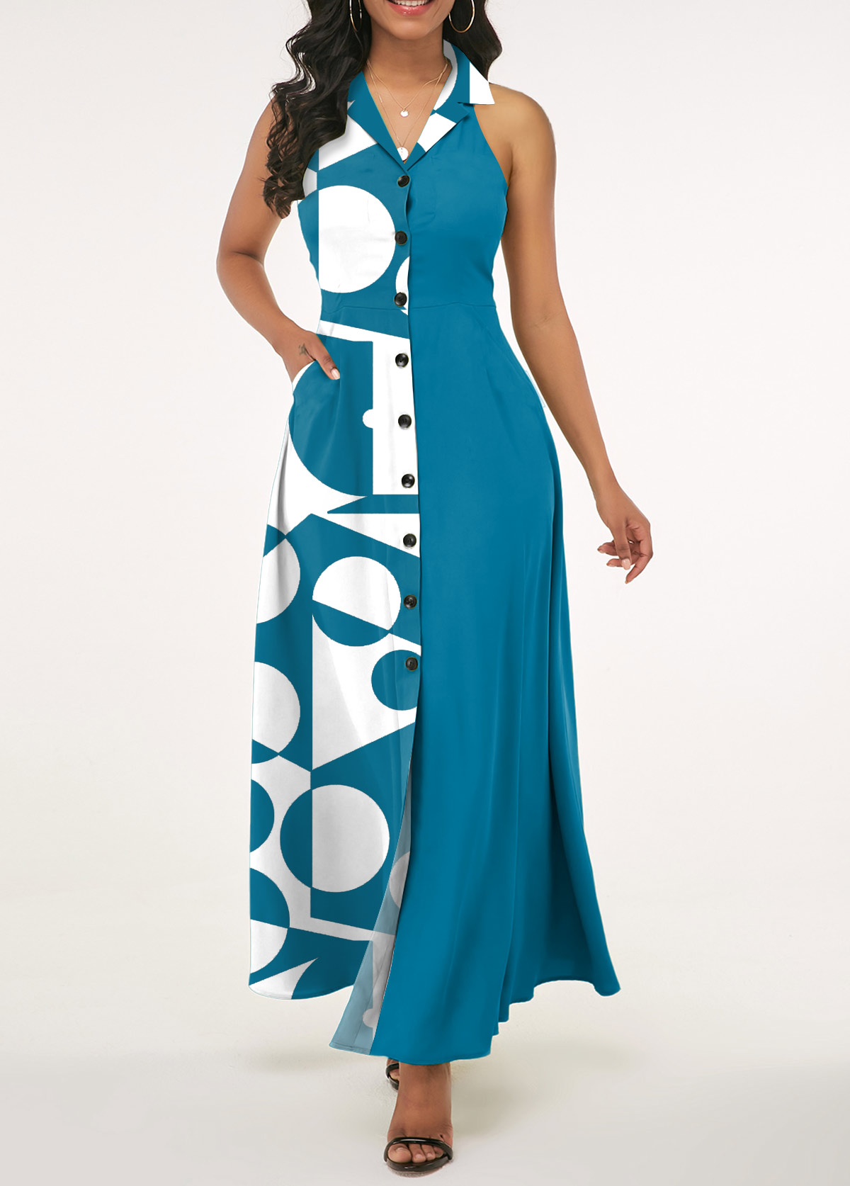ROTITA Pocket Geometric Print Blue Lapel Sleeveless Dress
