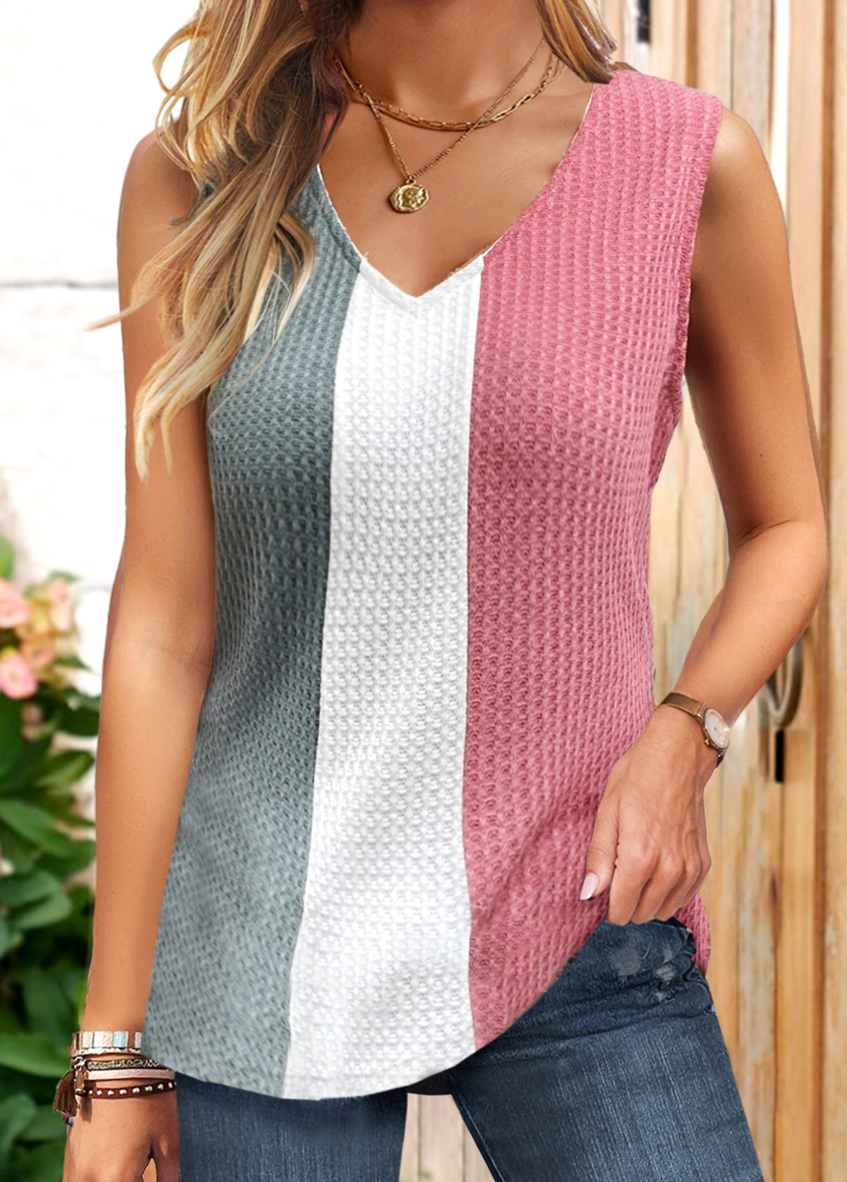 Pink tops,Striped tops,ROTITA Patchwork Striped Pink V Neck Tank Top