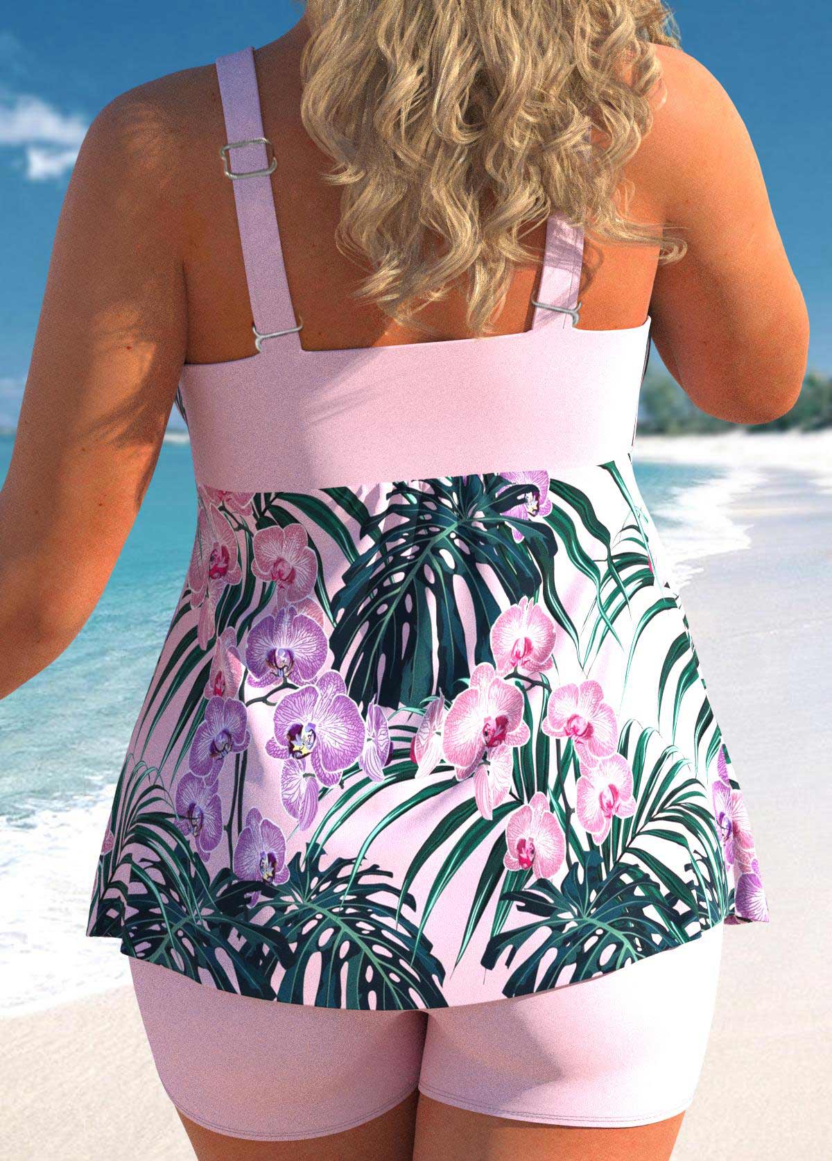 Light Pink plus size,Floral plus size,ROTITA Plus Size Mid Waisted Floral Print Tankini Set