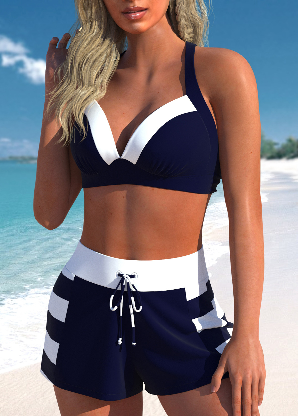 Navy swimwear,Striped swimwear,Geometric swimwear,ROTITA Patchwork Navy Striped High Waisted Bikini Set