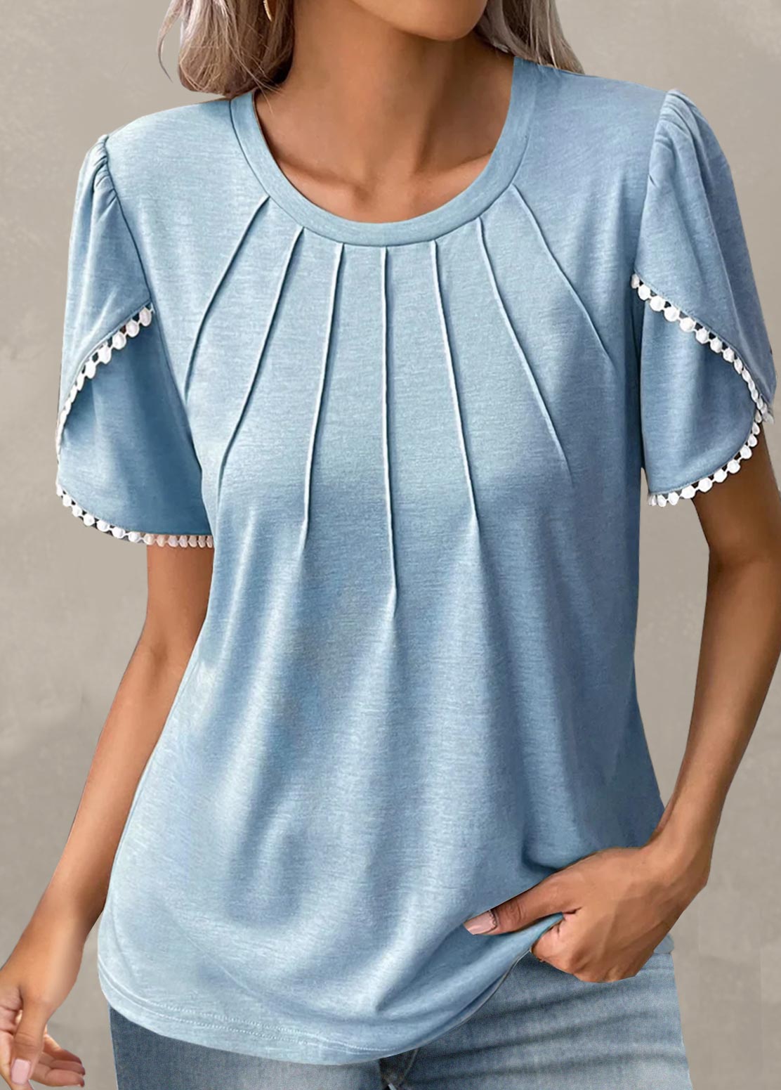 Patchwork Light Blue Round Neck T Shirt