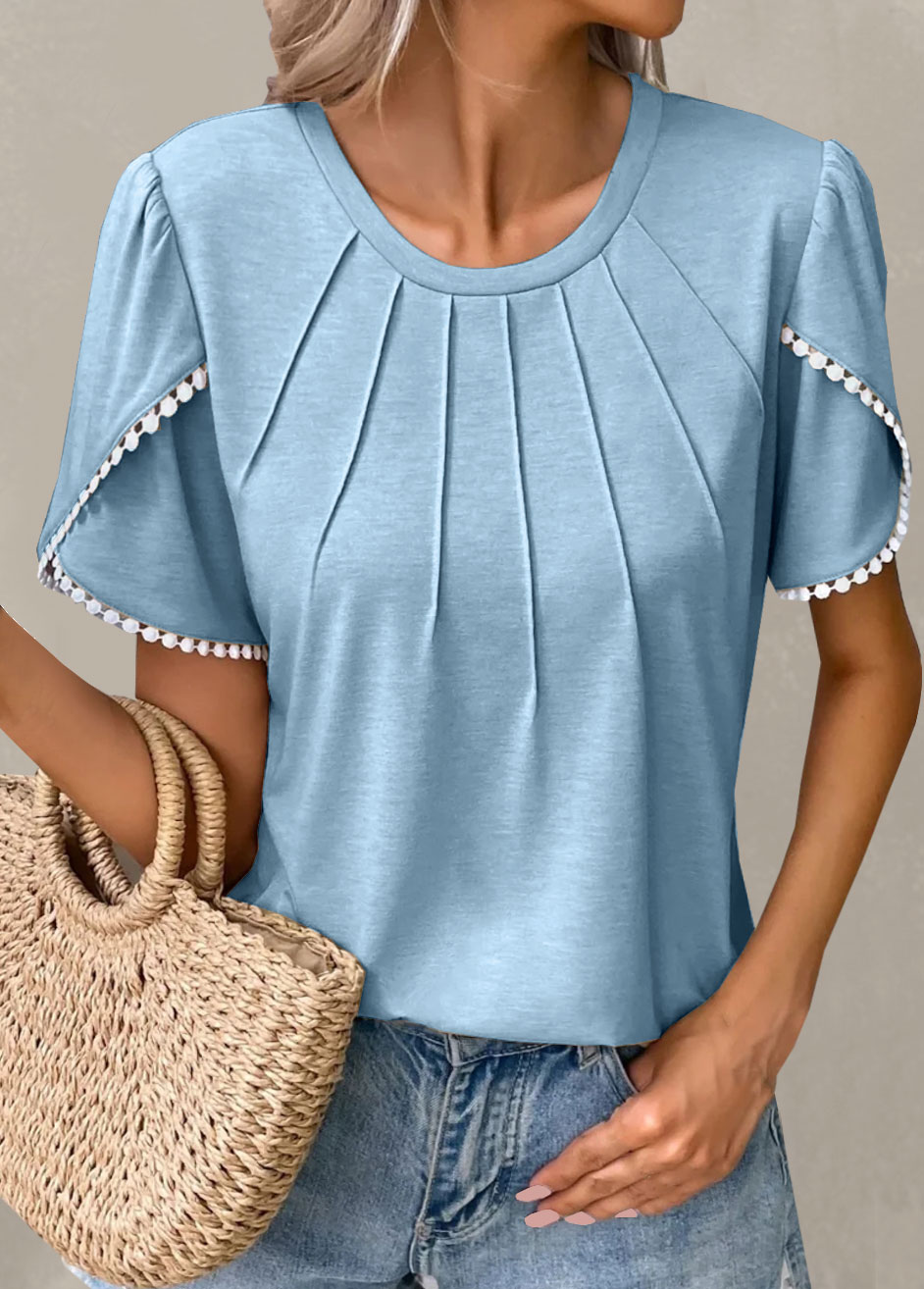Light Blue tops,Plain Color tops,Patchwork Light Blue Round Neck T Shirt