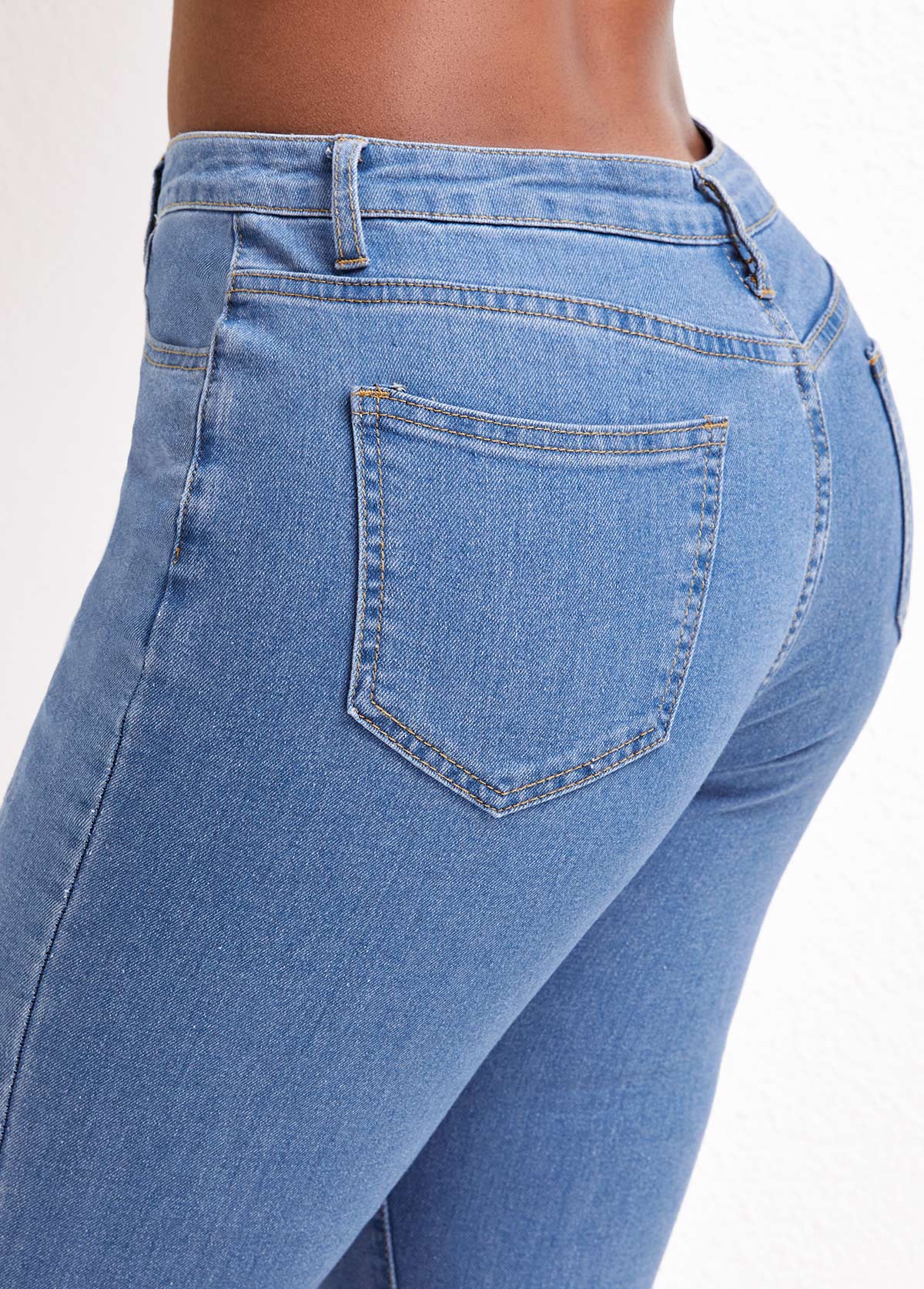 Denim Blue bottoms,Plain Color bottoms,Zipper Denim Blue Flare Leg Mid Waisted Jeans