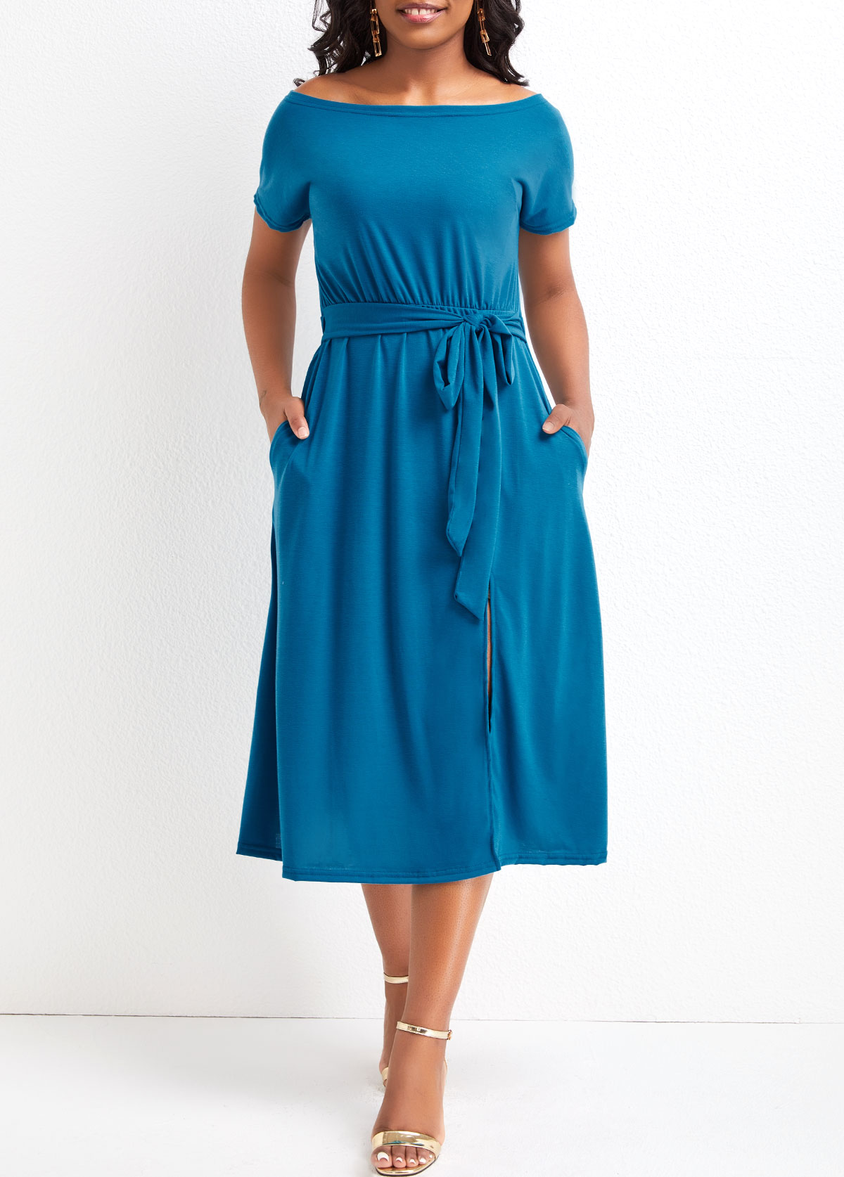 Sky Blue dresses,Plain Color dresses,Split Sky Blue Off Shoulder Short Sleeve Dress