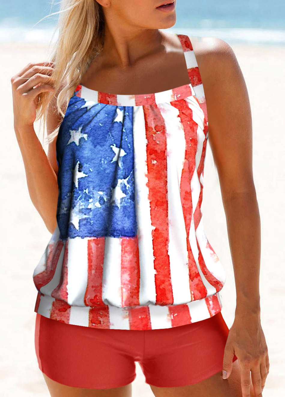 ROTITA Criss Cross Red American Flag Print Tankini Set