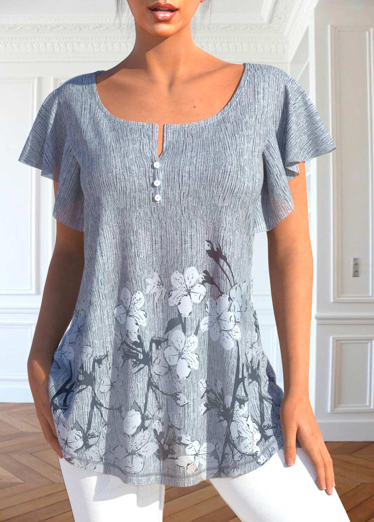 ROTITA T-shirt gris à col rond et imprimé floral à boutons