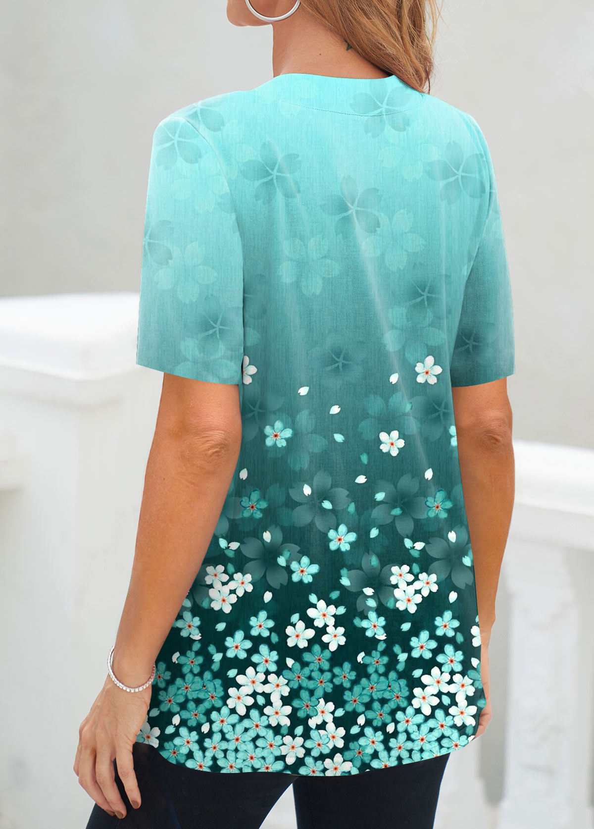 Cyan tops,Floral tops,Ombre tops,ROTITA Fake 2in1 Floral Print Cyan T Shirt