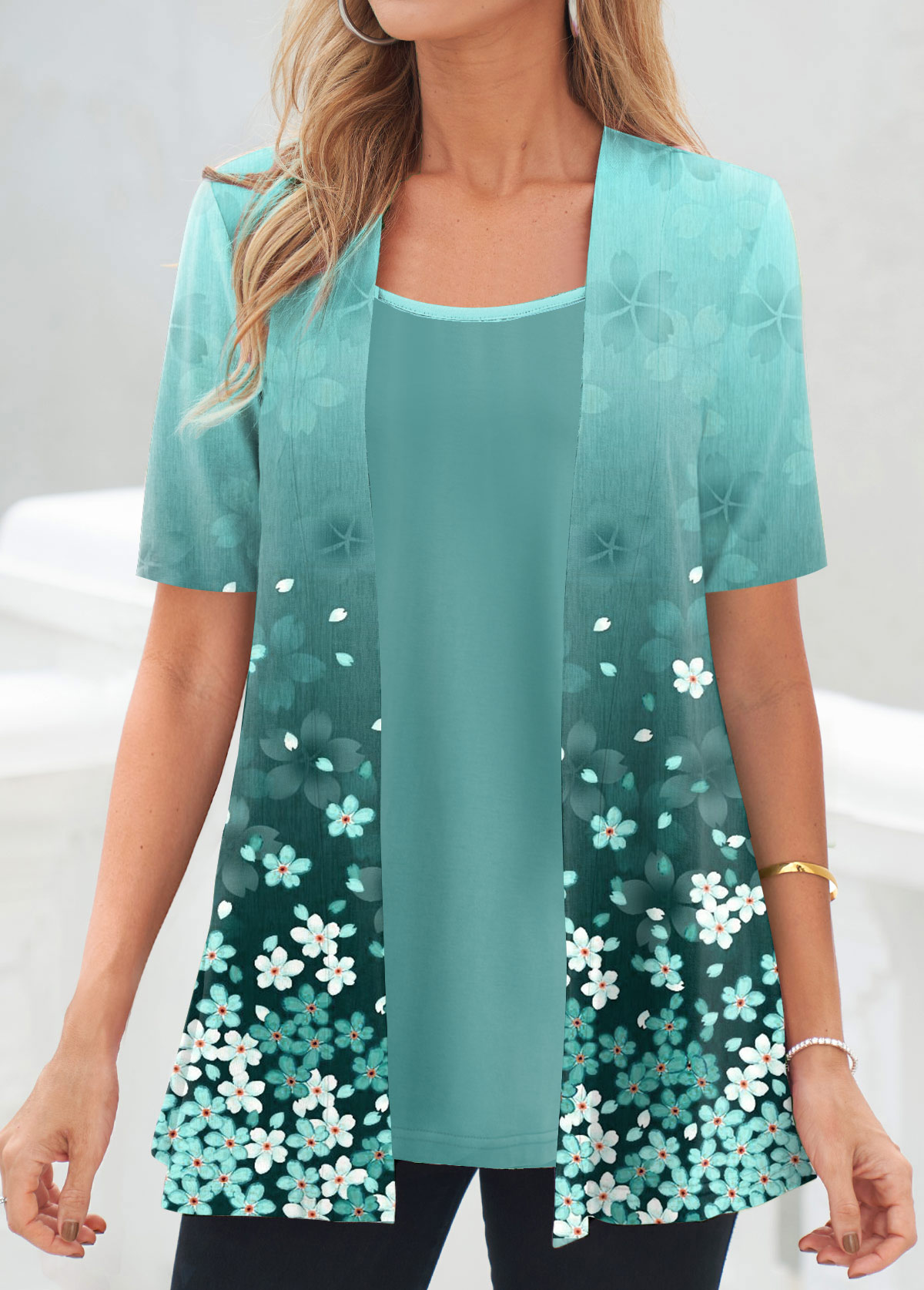 Cyan tops,Floral tops,Ombre tops,ROTITA Fake 2in1 Floral Print Cyan T Shirt