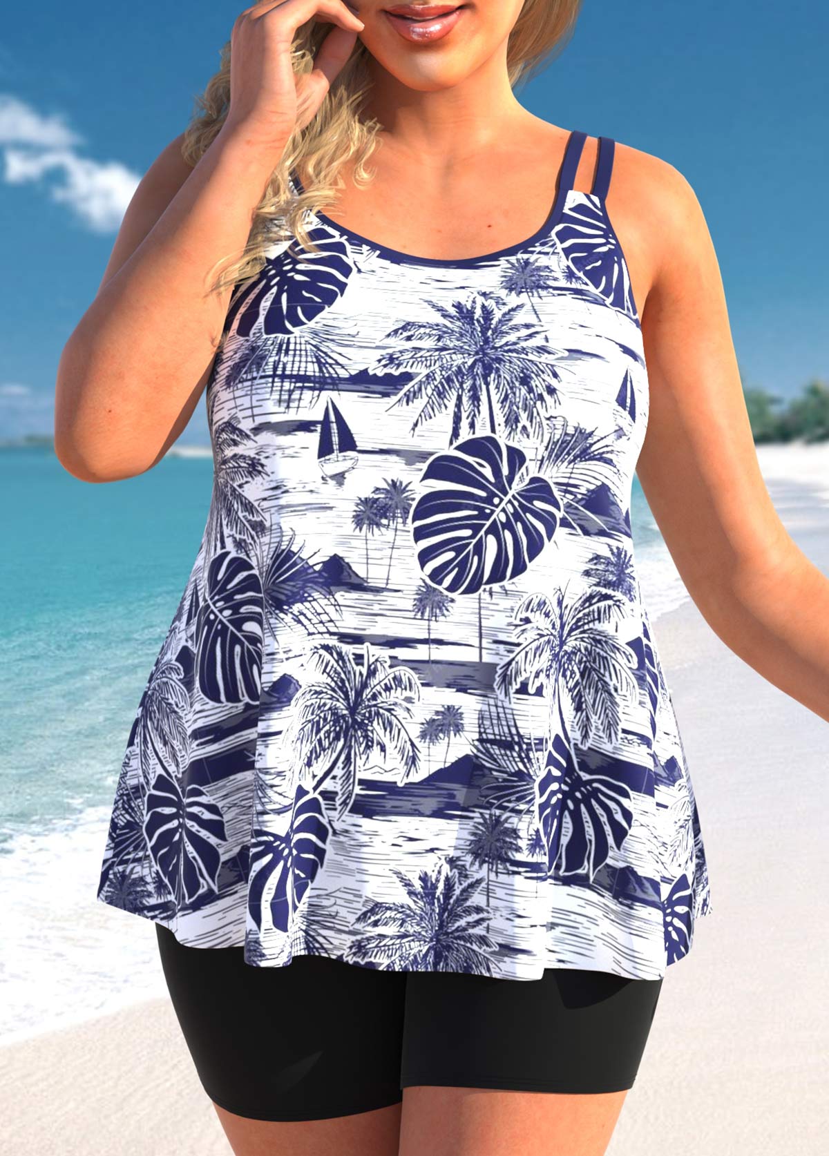 ROTITA Plus Size Plants Print Navy Tankini Top-No Bottom