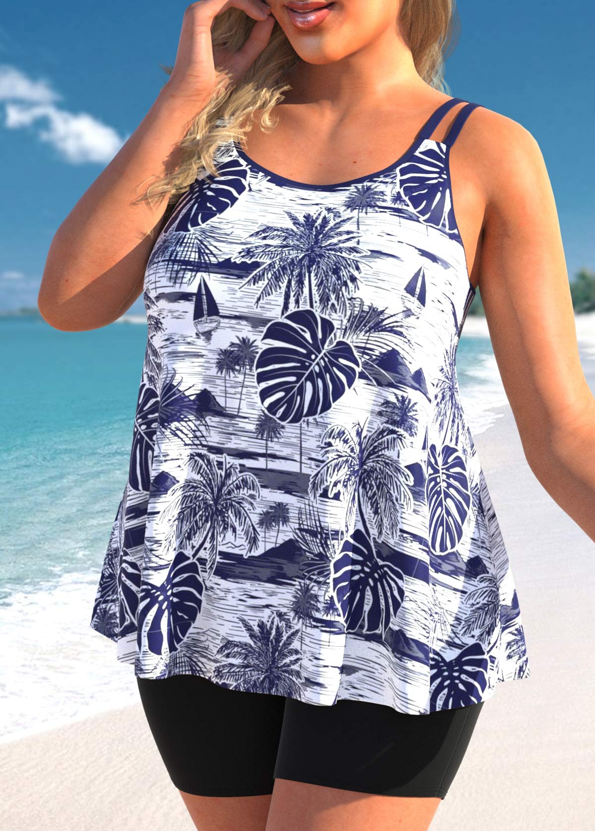 Navy plus size,White plus size,Plants plus size,ROTITA Plus Size Plants Print Navy Tankini Top