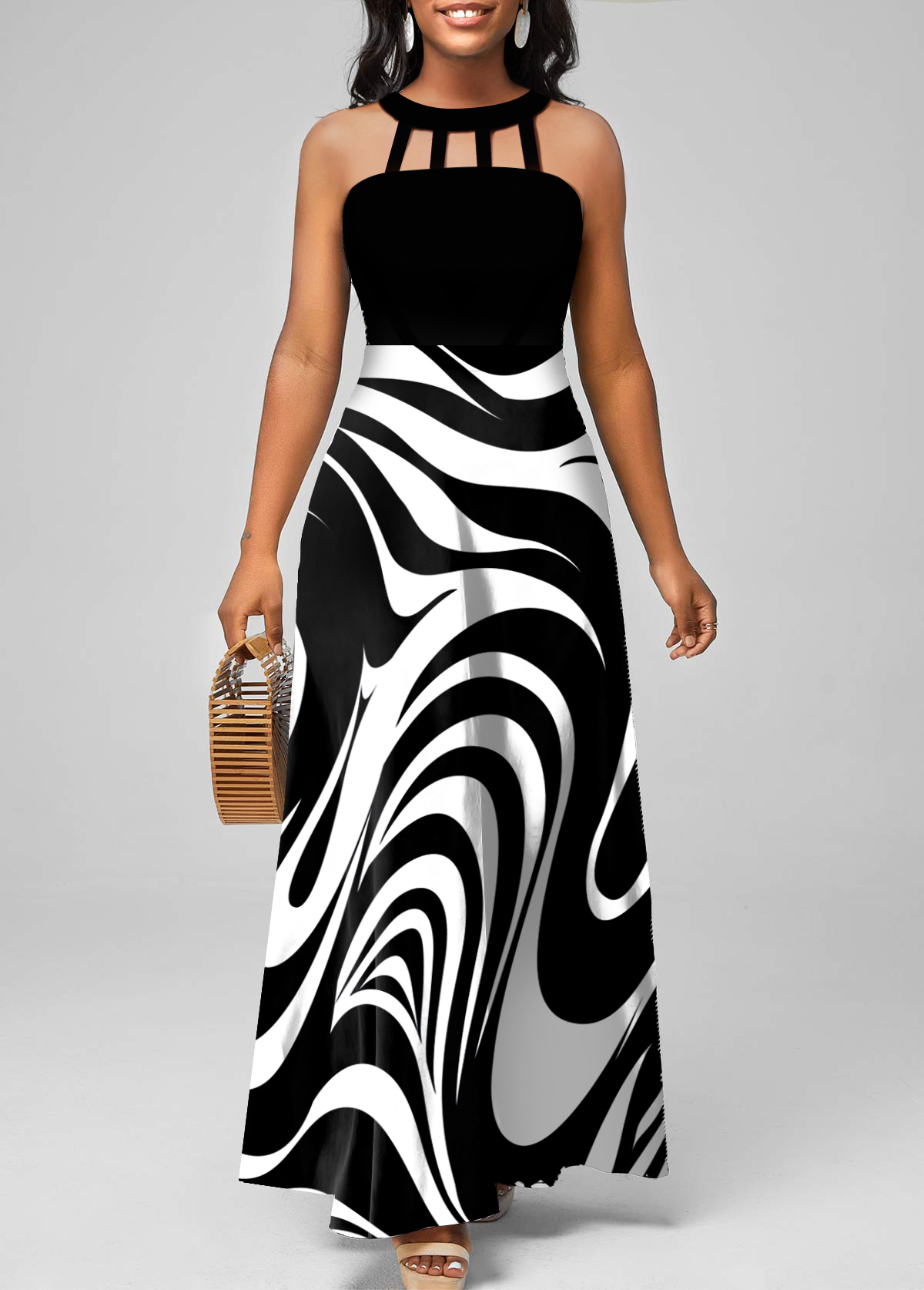 Black dresses,White dresses,Geometric dresses,ROTITA Cut Out Geometric Print Black Maxi Dress