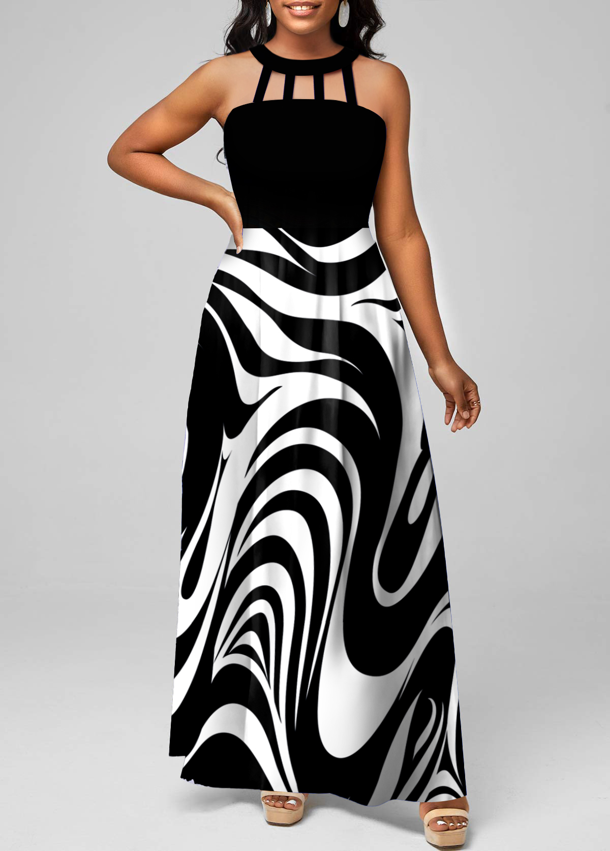 Black dresses,White dresses,Geometric dresses,ROTITA Cut Out Geometric Print Black Maxi Dress