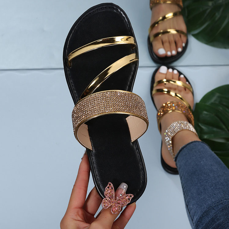 Shinning Golden Falt Open Toe Sliders