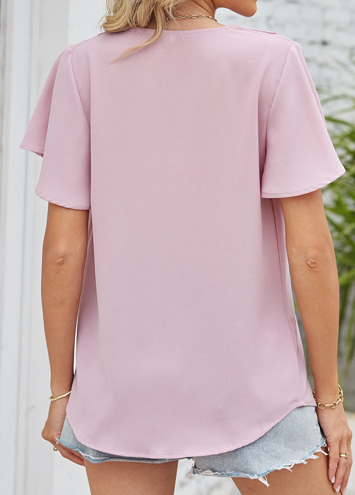 Pink tops,Plain Color tops,Ruched Pink V Neck Short Sleeve Blouse