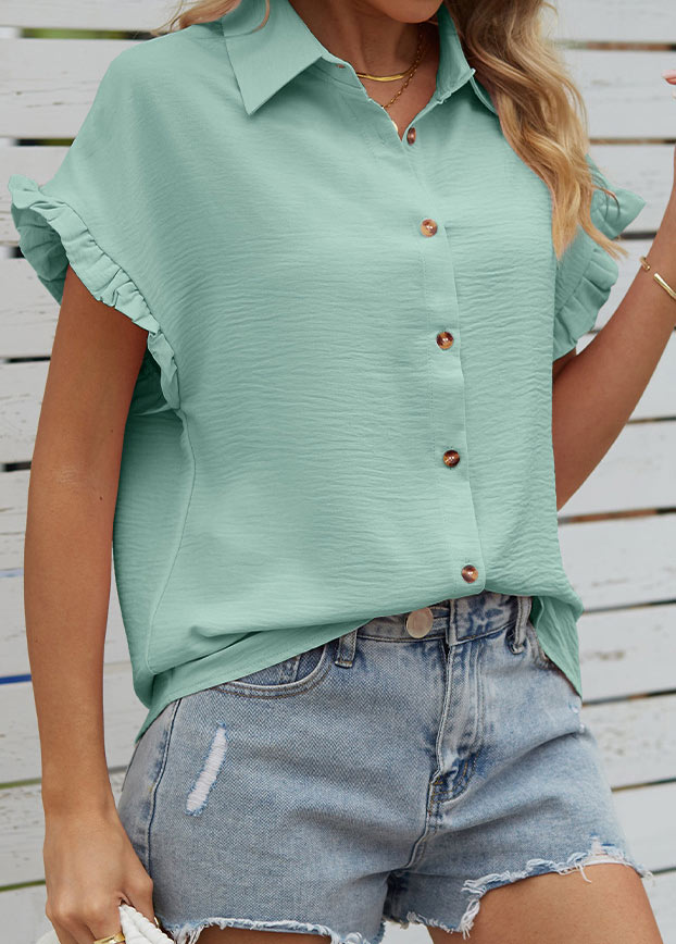 Mint Green tops,Plain Color tops,Button Mint Green Shirt Collar Short Sleeve Blouse