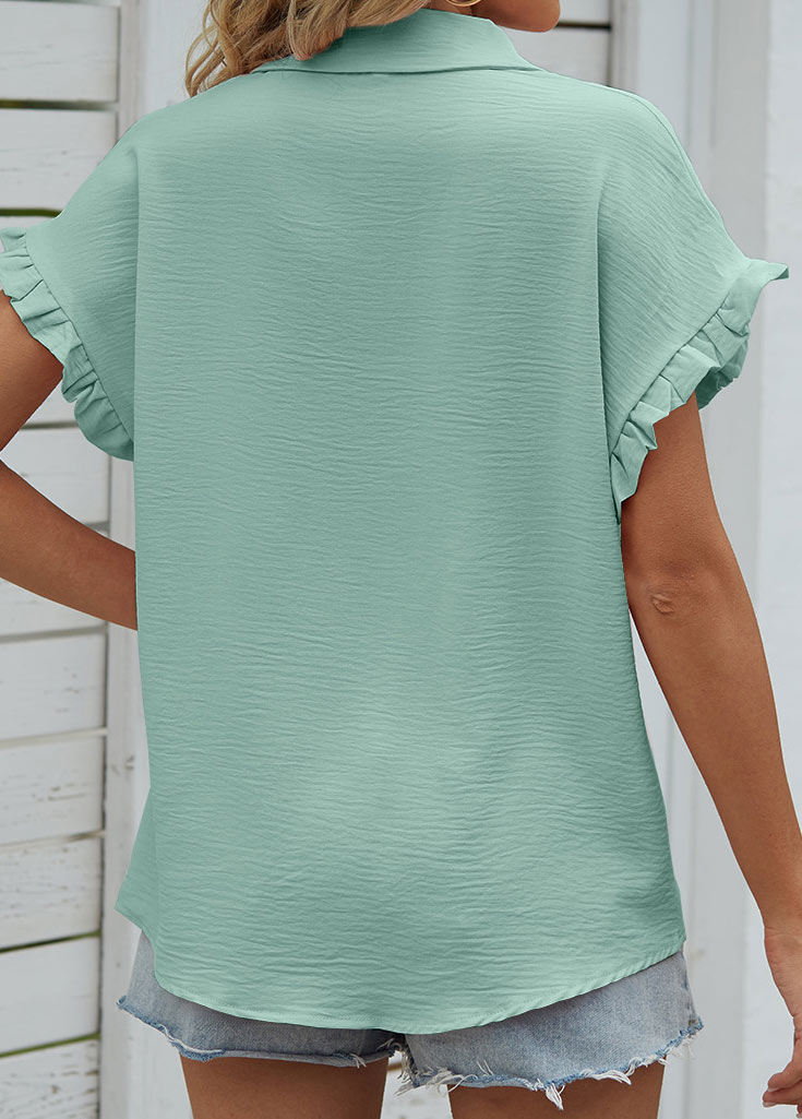 Mint Green tops,Plain Color tops,Button Mint Green Shirt Collar Short Sleeve Blouse