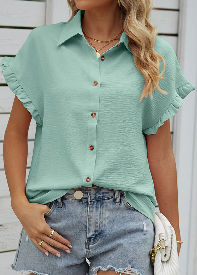 Mint Green tops,Plain Color tops,Button Mint Green Shirt Collar Short Sleeve Blouse