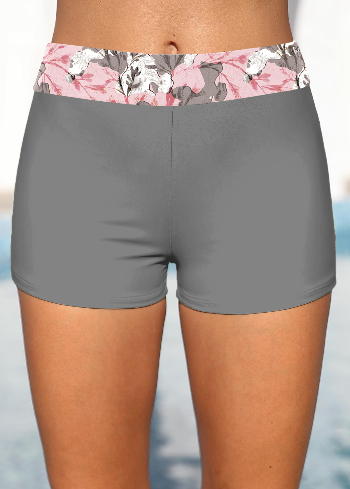 Light Pink swimwear,Grey swimwear,Floral swimwear,ROTITA Contrast Binding Light Pink Floral Print Tankini Set