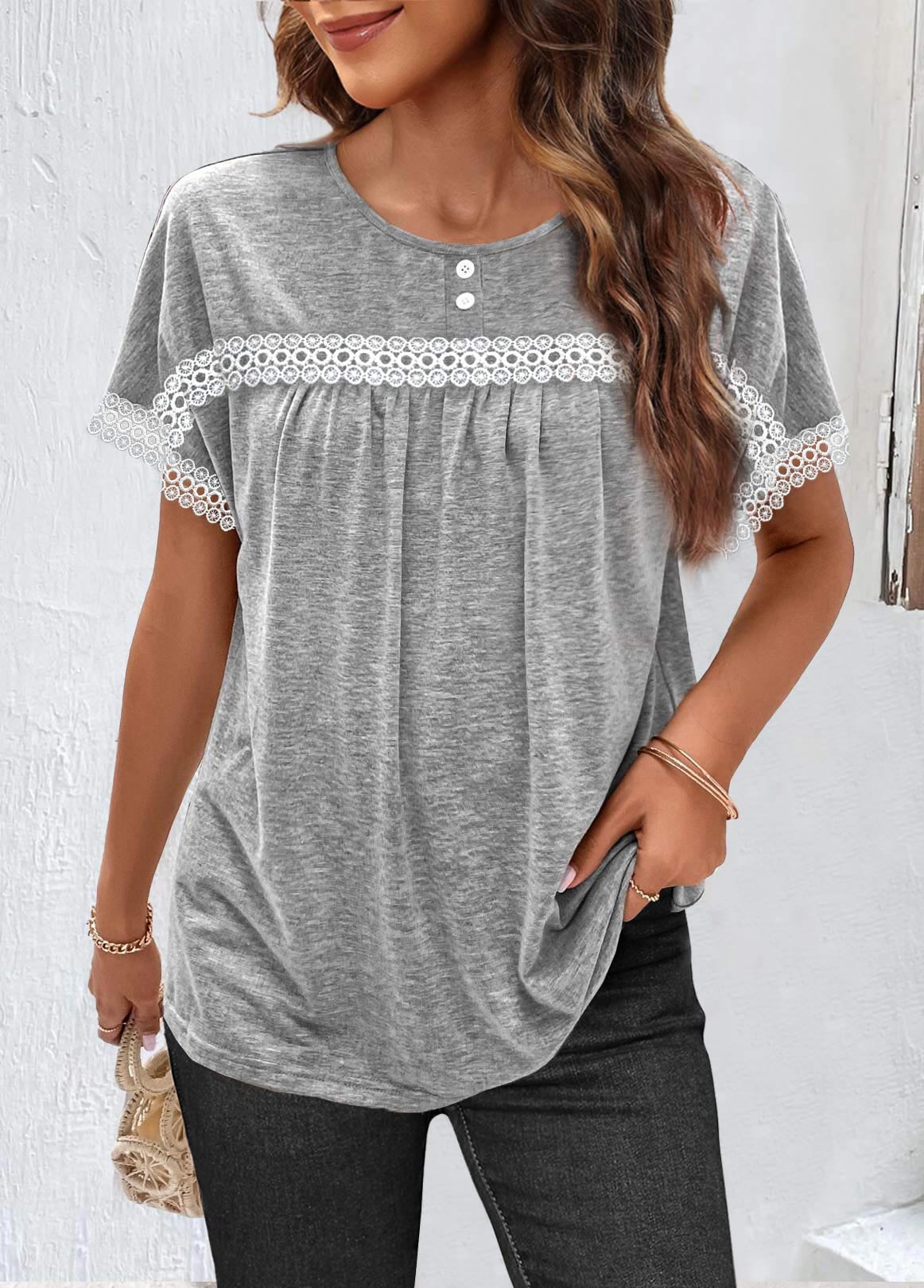 ROTITA Ruched Light Grey Marl Round Neck T Shirt