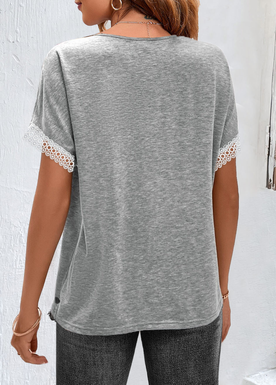 Light Grey Marl tops,Plain Color tops,ROTITA Ruched Light Grey Marl Round Neck T Shirt