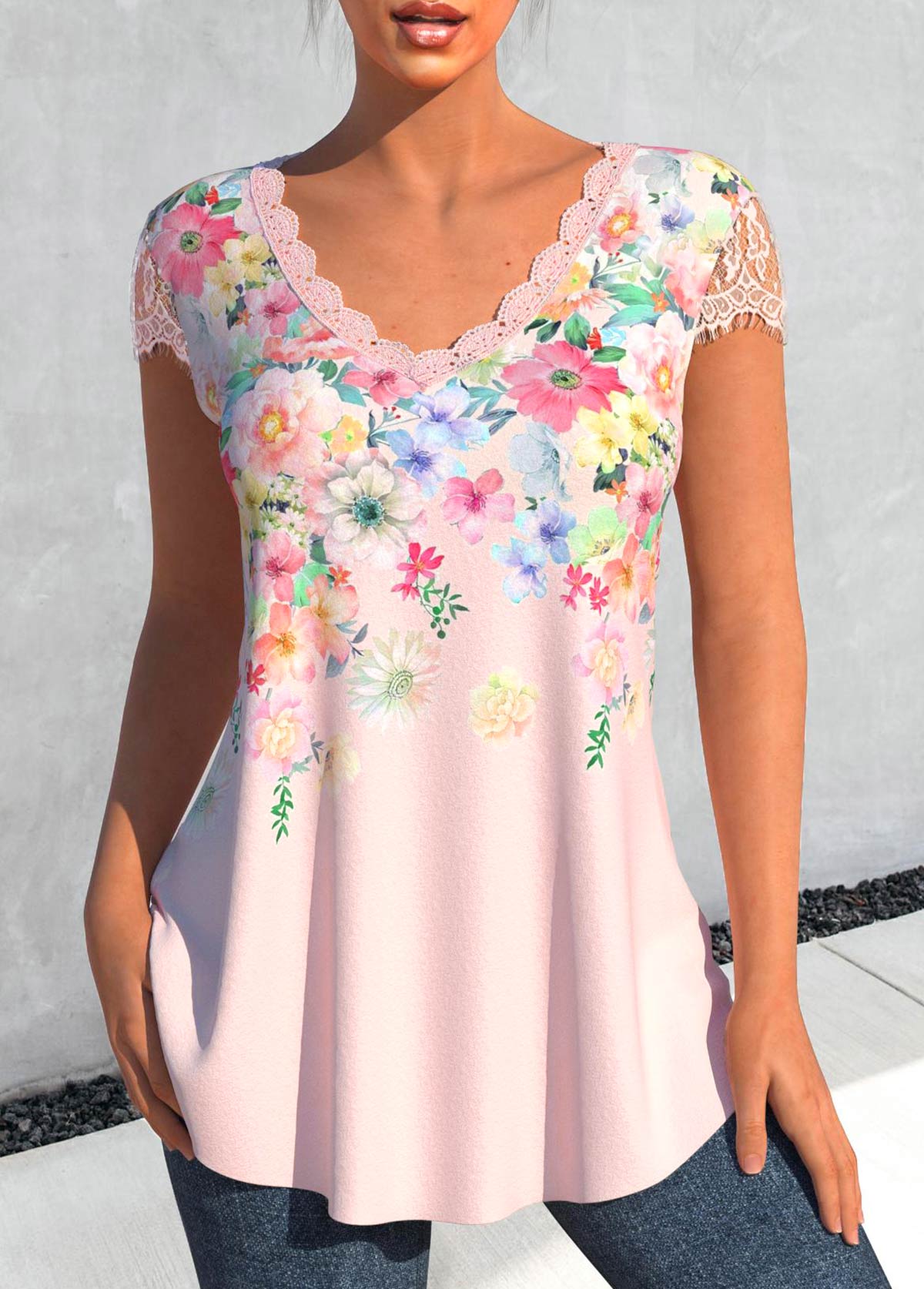 Light Pink tops,Floral tops,ROTITA Patchwork Floral Print Light Pink T Shirt