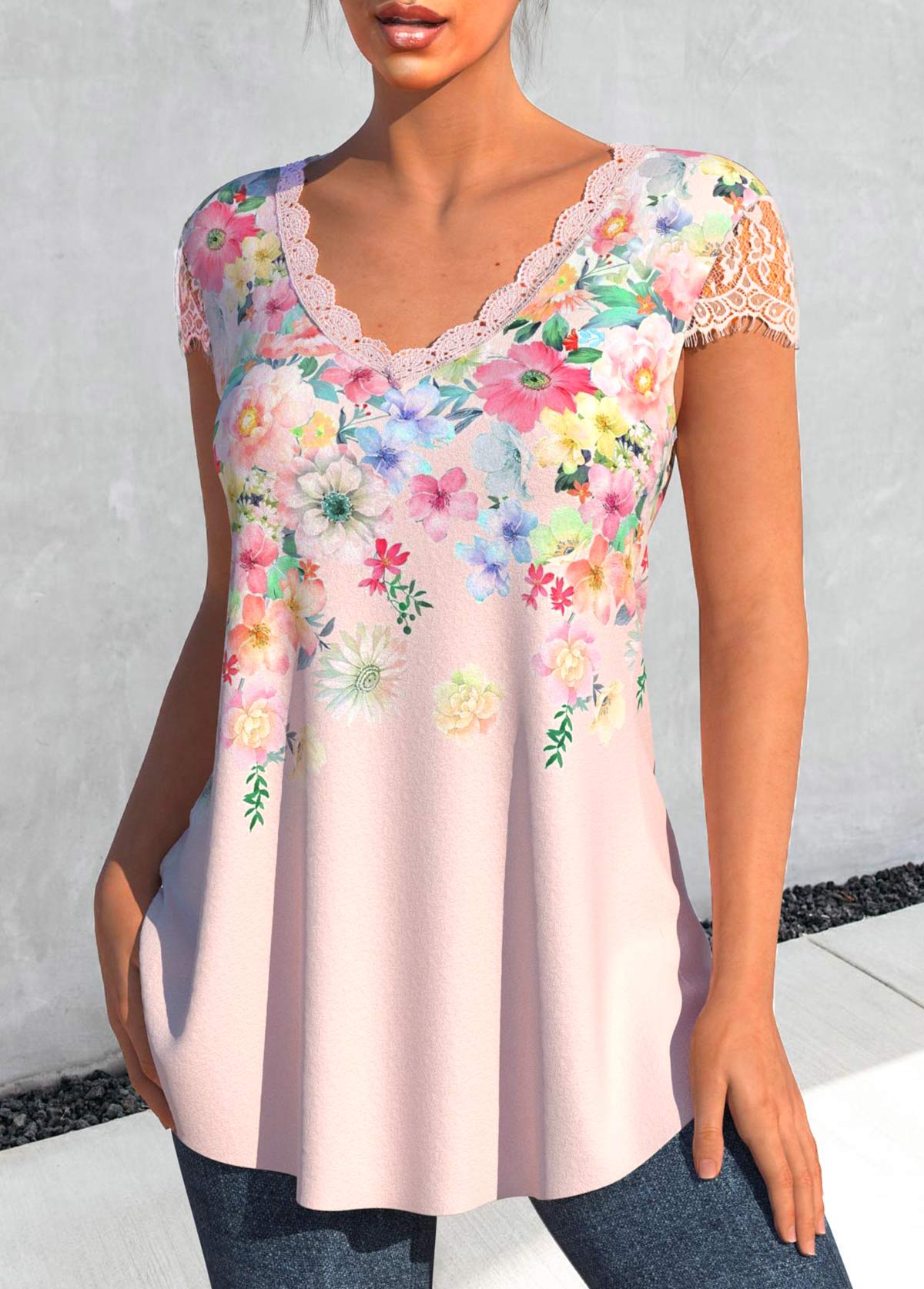 Light Pink tops,Floral tops,ROTITA Patchwork Floral Print Light Pink T Shirt